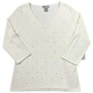 NWT Designers Originals Soft Cream Rhinestone Sweater V Neck Embellished Top - M